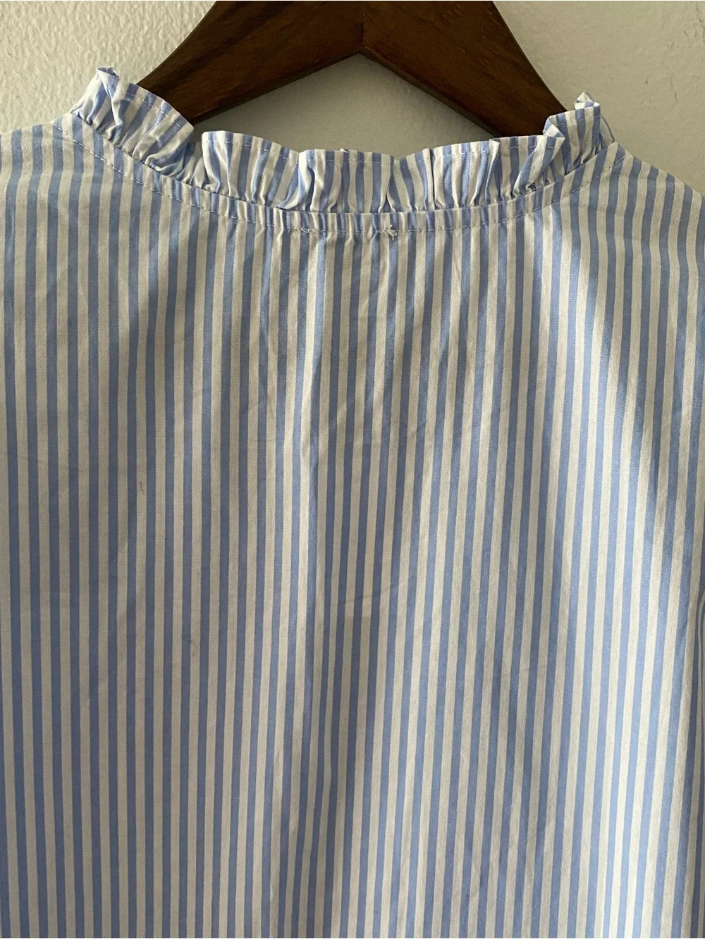 J. Crew Blue and White Striped Ruffle V-Neck Puff Sleeve Blouse